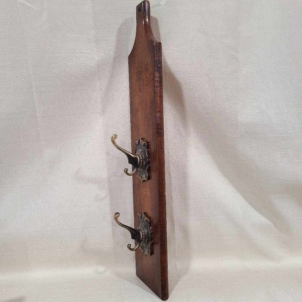 Wood Wall Hook Rack with Brass Double Hooks - Brown